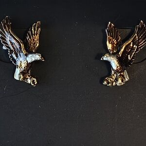 #113 Eagle Earrings In Gold Tone and White with Intricate Feather Detail